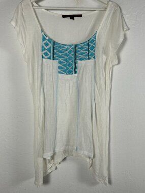 A Common Thread Anthropologie Womens Embroidered Tunic Top Large White/Blue NWOT